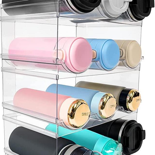 Criusia Water Bottle Organizer, Clear Stackable 3 Bottle Storage Holder Rack for Kitchen Cabinet, Countertop, Fridge, Pantry, Organizer and Storage, Tumbler Travel Mug Cup Organizer, 4 Pack 12 Bottles