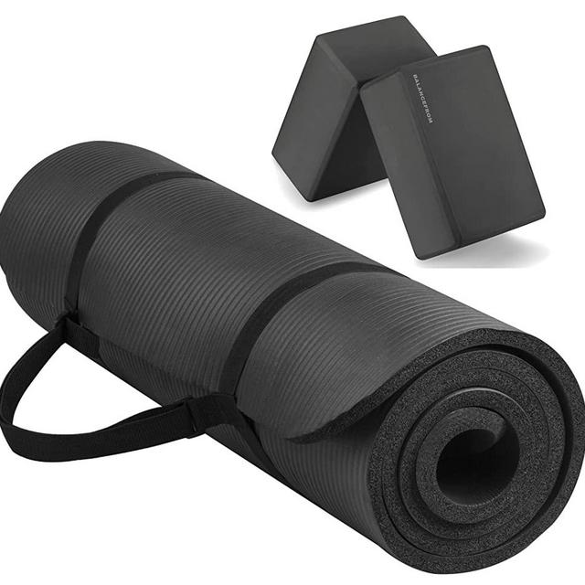 BalanceFrom All Purpose 1/2-Inch Extra Thick High Density Anti-Tear Exercise Yoga Mat with Carrying Strap and Yoga Blocks