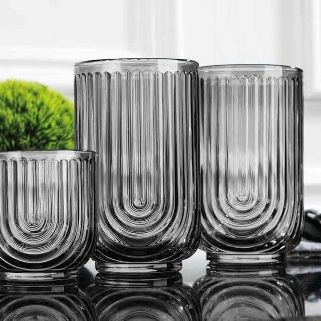 16 Piece Smoke Glassware Set, Art Deco Black Drinking Glasses, Ribbed U-Shape Design, 8 Highball 17oz and 8 Whiskey 11oz DOF