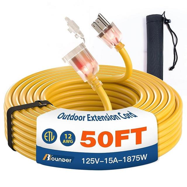 BBOUNDER Outdoor Extension Cord 50 FT Waterproof, 12/3 SJTW Heavy Duty 15A 1875W, Flexible 100% Copper 3 Prong Cords for Commercial Use and High Power Appliance, Yellow, ETL Listed