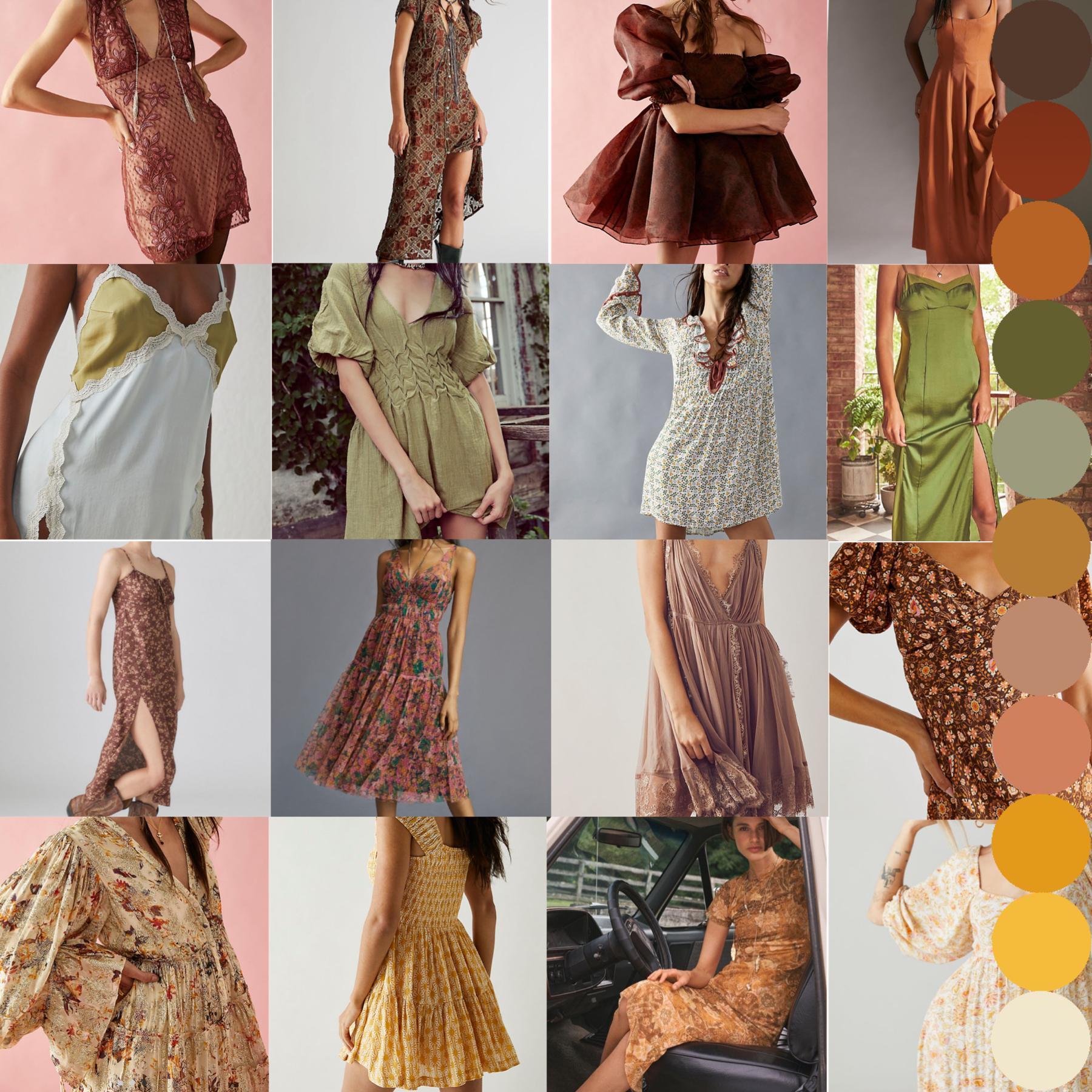 For feminine attire: 
Think midi dresses, cocktail dresses, and jumpsuits preferably in the given color palette!