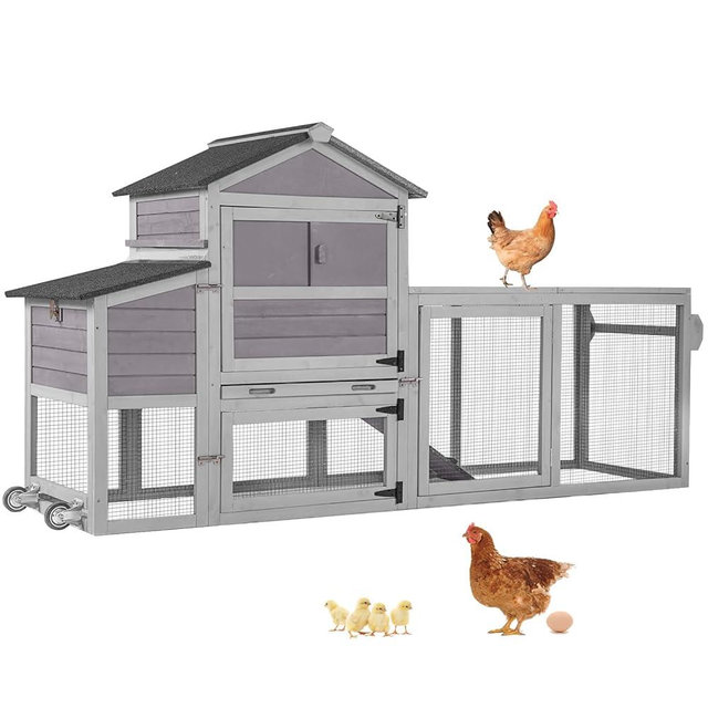 Aivituvin Mobile Chicken Coop with Wheels for 4-6 Chickens, Backyard Expandable Chicken House Duck Cage with Run, 2 Nesting Boxes, Easy Clean Pull-Out Tray, Leak-Resistant Asphalt Roof, 82.4"(Grey)