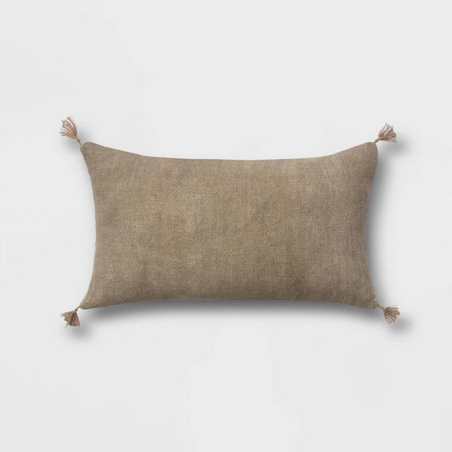 Washed Linen Lumbar Throw Pillow with Tassels Sage - Threshold™