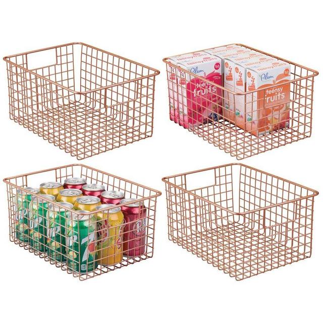 mDesign Farmhouse Decor Metal Wire Food Storage Organizer Bin Basket with Handles - for Kitchen Cabinets, Pantry, Bathroom, Laundry Room, Closets, Garage - 4 Pack - Copper