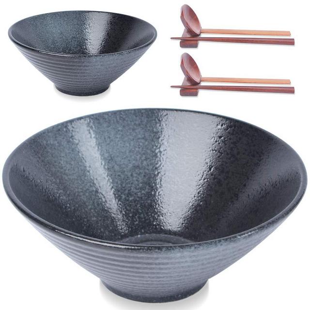 (2 Sets 8 PCS) Large Ramen Bowls, 60 oz, Ceramic Japanese bowl for Soup, Noodle, Pho, Udon and Soba, with Matching Spoons, Chopsticks and Racks, Black
