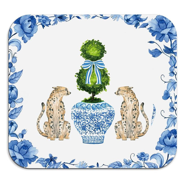Veqzc Chinoiserie Dish Drying Mat - Blue And White Porcelain Dish Drying Mat,Chinoiserie Leopard Drying Mat For Kitchen Counter,Coffee Bar Mat,Vintage Chinoiserie Drying Mat,16x17.5 Inch