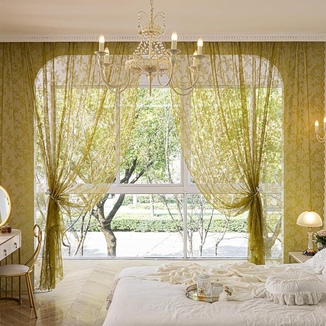 Deeprove Sage Green Lace Sheer Curtains 108 inches Long 2 Panels Set, Rustic Florals Vintage Window Treatment Pair Easter Spring Summer Decor Drapes for Boho Bedroom Living Room, W57 x L108