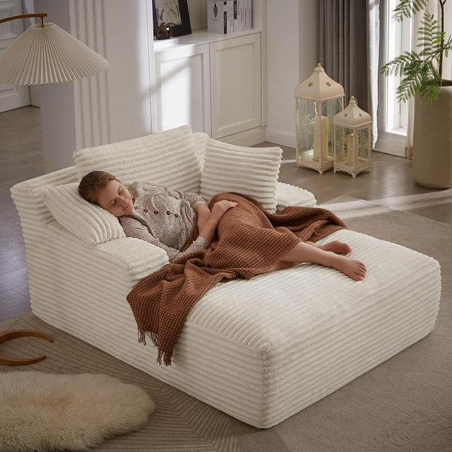 Tmsan 50" Oversized Chaise Lounge Sofa Chair Indoor, Modern Corduroy Sleeper Sofa Cloud Couch with 3 Soft Pillows, Comfy Single Seat Floor Chair for Living Room Apartment Office (White)