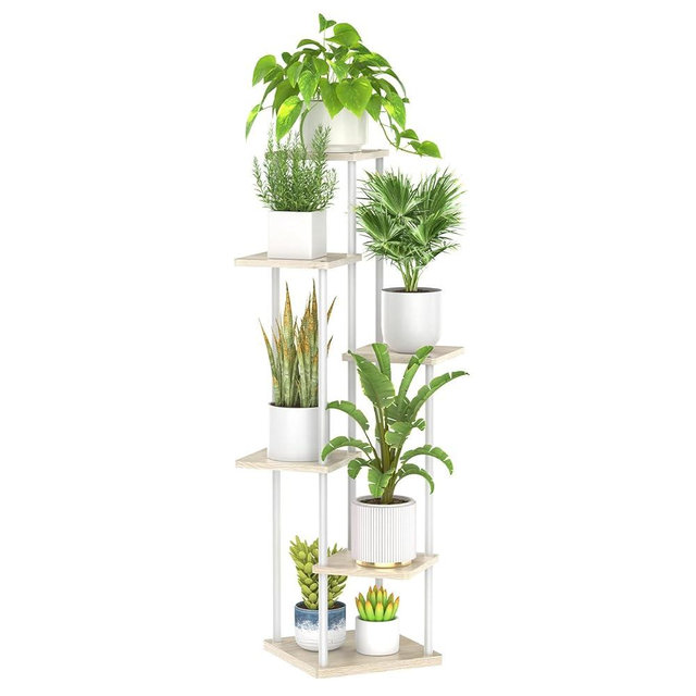 Oppro 6 Tier Plant Stand Indoor Outdoor , Metal Wood Tiered Corner Plant Stands Pot Holder, Wood Flower Shelf Display Rack for Living Room Bedroom Balcony Garden Patio, White