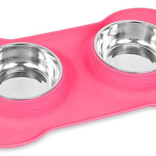 Internet's Best Bone Dog Bowl Set - Double Stainless Steel Pet Food Water Bowls - No Spill Silicone Stand