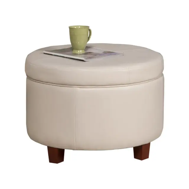 Large Round Storage Ottoman Ivory - HomePop: Faux Leather, Lift-Off Lid, Wood Legs