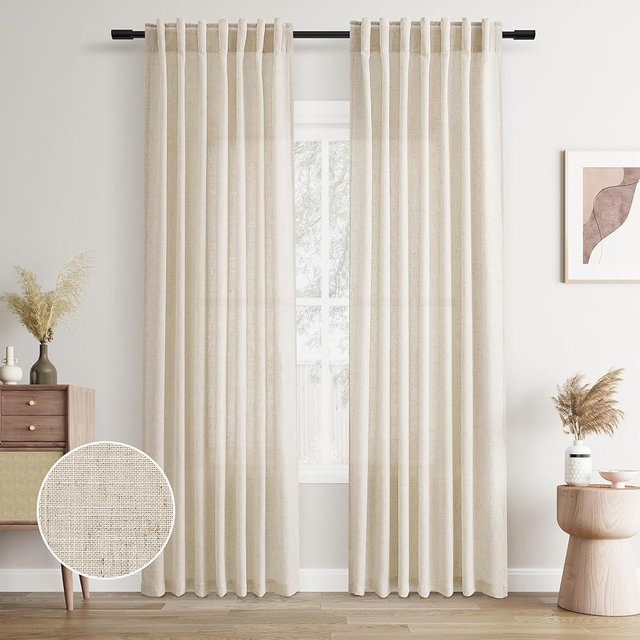 Joywell Beige Linen Back Tab Rod Pocket Linen Curtains 84 Inches Long 2 Panels for Living Room Bedroom Neutral Boho Farmhouse Rustic Light Filtering Semi Sheer Curtains Window Treatment 52x84
