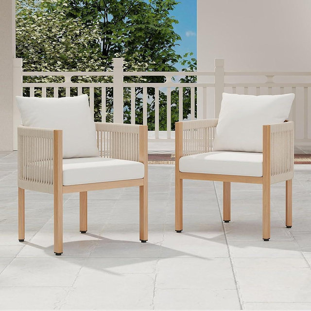 DAYARUS Outdoor Dining Chairs Set of 2, Wicker Patio Furniture Set with Armrests, Cushioned Backrest Patio Arm Chairs, Metal Barrel Dining Room Chair, Modern Kitchen Table Chair for Balcony, Beige