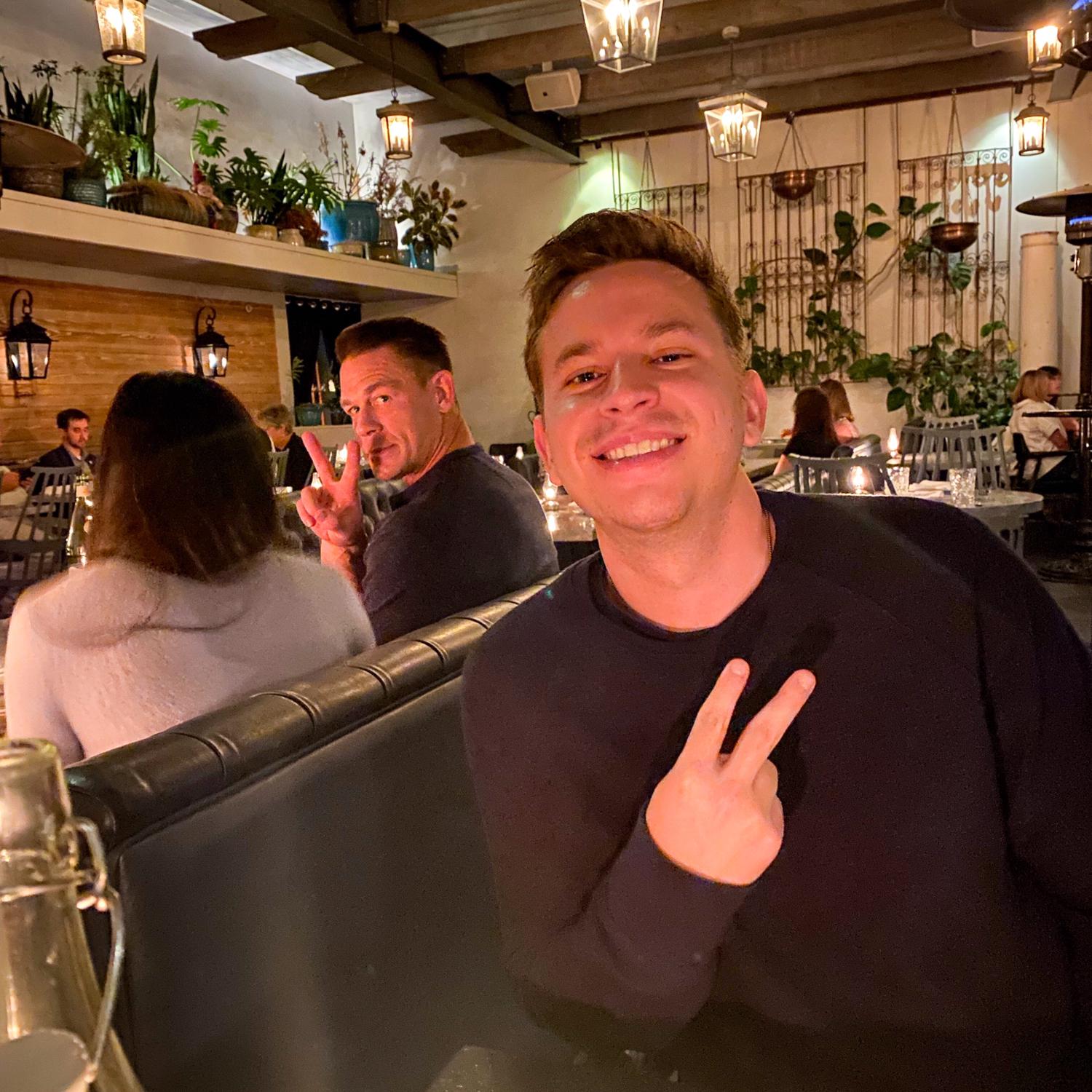 Anniversary dinner just a few hours before Matt proposed. John Cena photobomb 👀