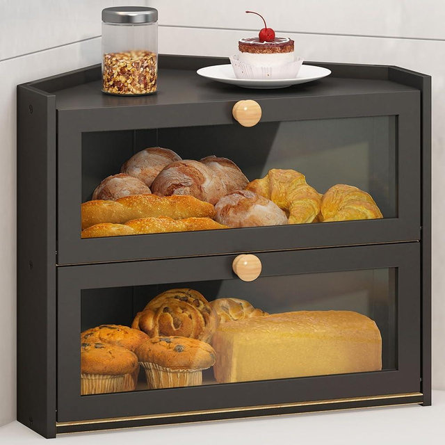 JANSNIMEN Black Corner Bread Box for Kitchen Countertop, Large Bread Container Storage Bamboo Wooden Farmhouse Bread Box with Window Bread Holder