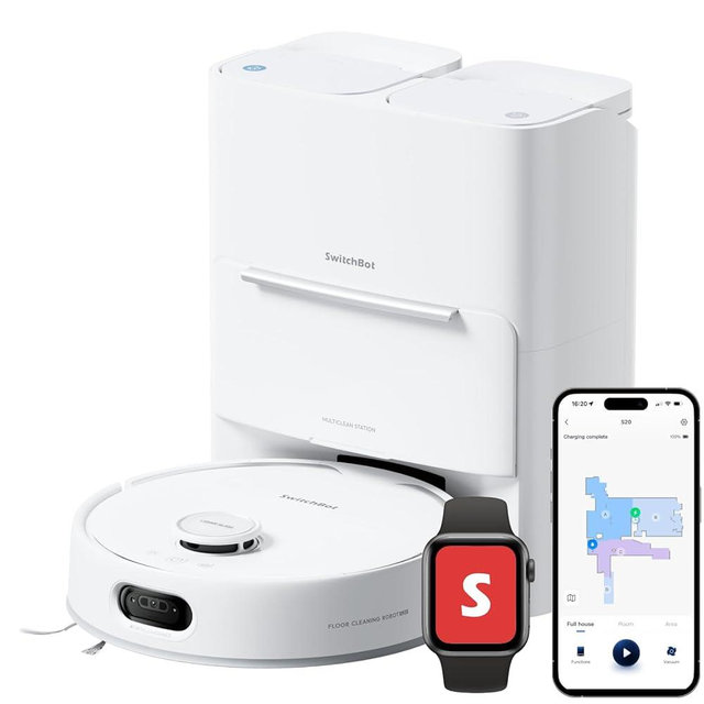 SwitchBot S20 Robot Vacuum and Mop with Matter, 10000Pa Suction, Roller Mop, AI Navigation, Auto Mop Wash & Dry, Self-Emptying, Works with AppleHome, Alexa, GoogleHome, for Pet Hair, Carpet, Floors