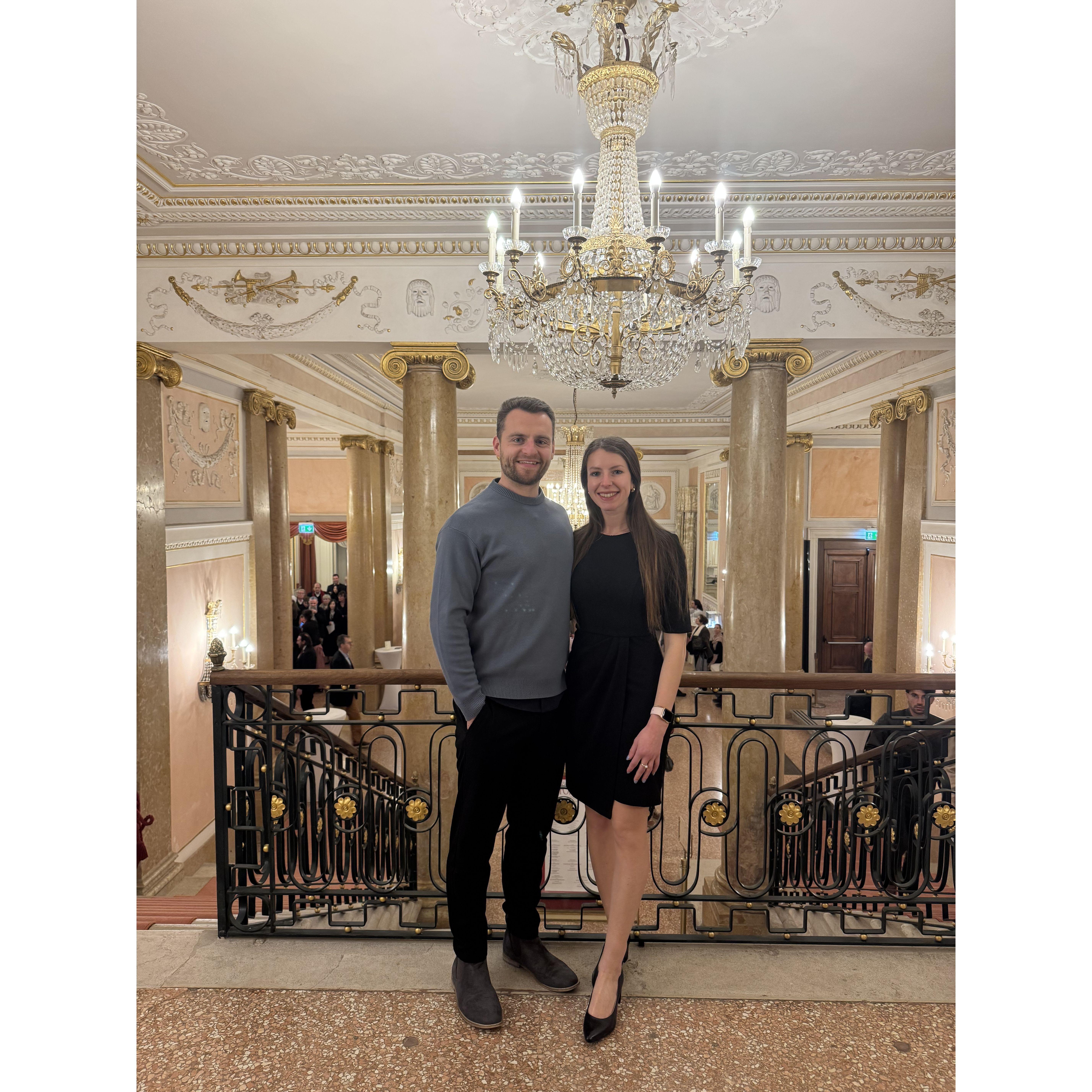 Enjoying the opera (Il Barbiera di Siviglia) at the Fenice Theater in Venice.