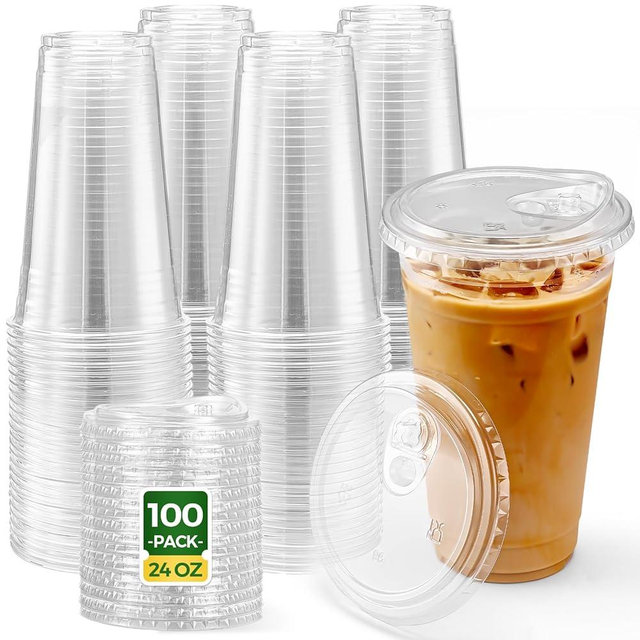 Glotoch Express Clear Plastic Cups with Lids, [100 Sets - 24oz] Disposable Crystal Iced Coffee Cups - Strawless Sip Lids - BPA Free Sturdy To Go Cup for Smoothie Cold Drinks Juice Party Wedding Event