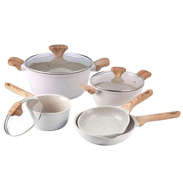 Country Kitchen Nonstick Cookware Sets - 5 Piece High Quality Nonstick Cast Aluminum Pots and Pans with BAKELITE Handles - Non-Toxic Pots and Pans- Speckled Cream with Light Wood Handles