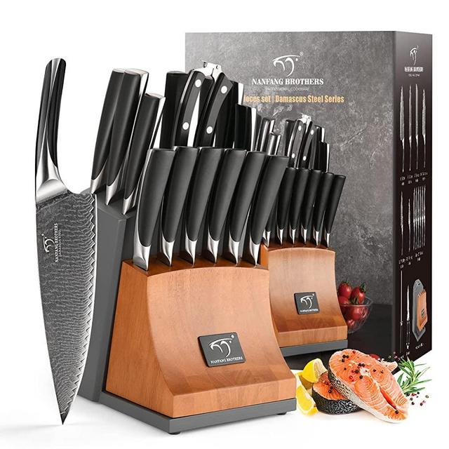 NANFANG BROTHERS Knife Set, 15-Piece Damascus Kitchen Knife Set with Block, ABS Ergonomic Handle for Chef Knife Set, Knife Sharpener and Kitchen Shears, Knife Block Set