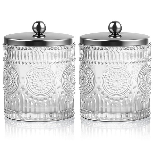DAXGUUD Glass Bathroom Canister with Metal Lid, Vintage Storage Organizer, Decorative Vanity Jars for Qtips, Cotton Swabs, Balls, Pads, Floss Picks, Set of 2, Capacity 20 fl oz (Clear)