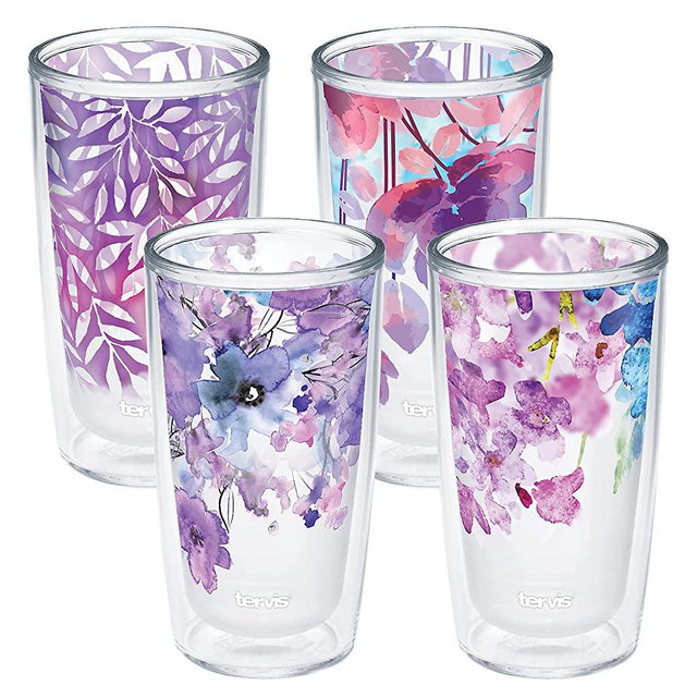 Tervis Watercolor Floral Purple-Crystal Made in USA Double Walled Insulated Tumbler, 16 oz (Pack of 4), Assorted