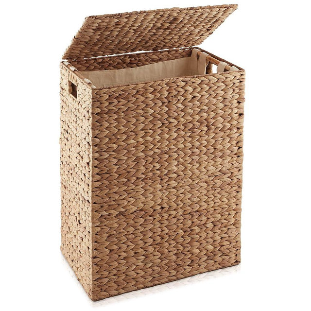 Casafield Large Laundry Hamper with Lid and Removable Liner Bag - Cinnamon, Woven Water Hyacinth Rectangular Laundry Basket Sorter for Clothes Towels
