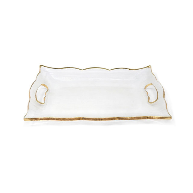 Rectangular Glass Tray with Handles and Gold-Tone Rim, 20"