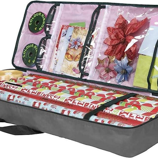 Primode Christmas Wrapping Paper Storage Bag with Pockets | Gift Wrap Organizer Container | 37” x 14” x 4” | Underbed Durable Box Made of 600D Oxford Material (Gray)