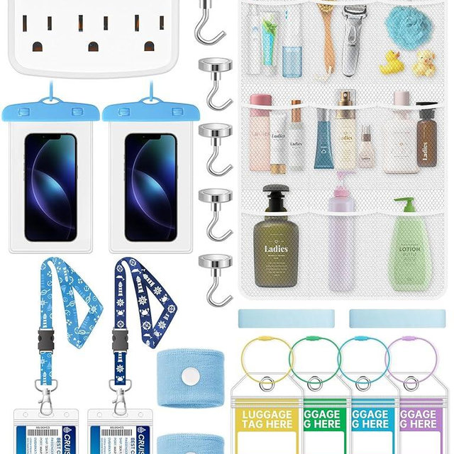 NiHome 19-Piece Cruise Trip Essentials Kit – Power Strip, Waterproof Phone Bags, Luggage Tag Holders, Magnetic Hooks, Cruise Card Lanyards, Towel Bands, Anti-Seasickness Bands and Shower Organizer Bag