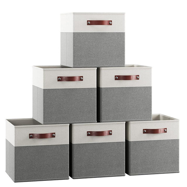 Ornavo Home 13 x 13 Storage Cube Bins, Foldable Collapsible Fabric Storage Bins Box Linen Shelf Basket Cube Organizer for Closet with Leather Handles, 6 Pack, White/Gray