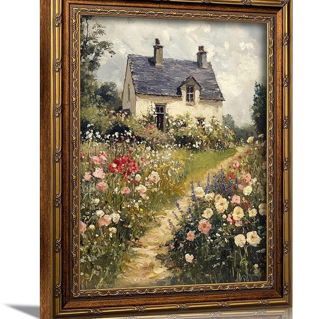 3D Textured Canvas Wall Art Vintage Carved Gold Frame Vintage Country Farmhouse Wildflower Nature Floral Relief Poster Print Artwork for Bedroom, Bathroom, Living Room Office Home Decor