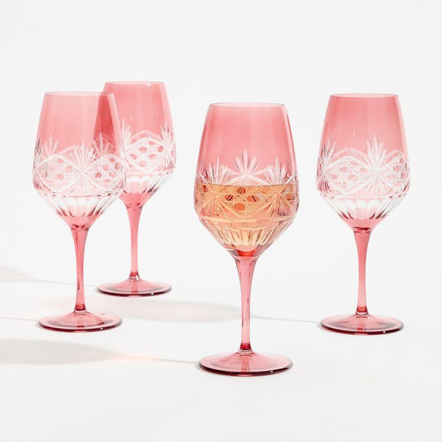 Antique Cut Wine Stem Glasses, Set of 4 - Blush