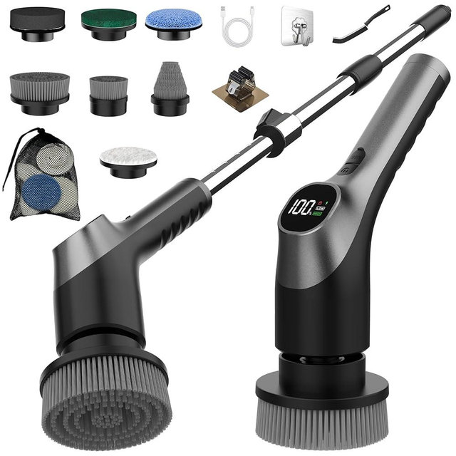 Electric Spin Scrubber, Shower Scrubber with Long Handle Adjustable LCD Display, 2 Speed Shower Cleaner, 7 Replaceable Brush Heads Bathroom Cleaning Brush, Bath Tub Power Scrubbers Black G3