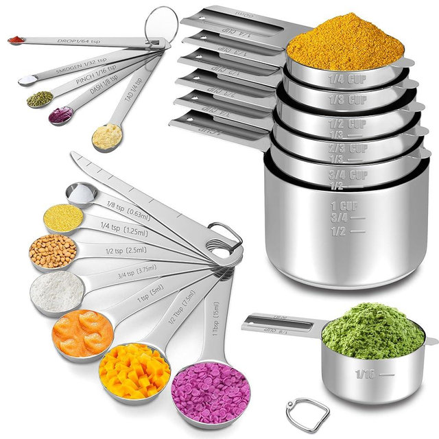Minteem Stainless Steel Measuring Cups and Spoons Set of 20, 7 Nesting Measuring Cups, 7 Spoons & 1 Leveler, 5 Mini Spoons, Kitchen Gadgets for Cooking & Baking, Round