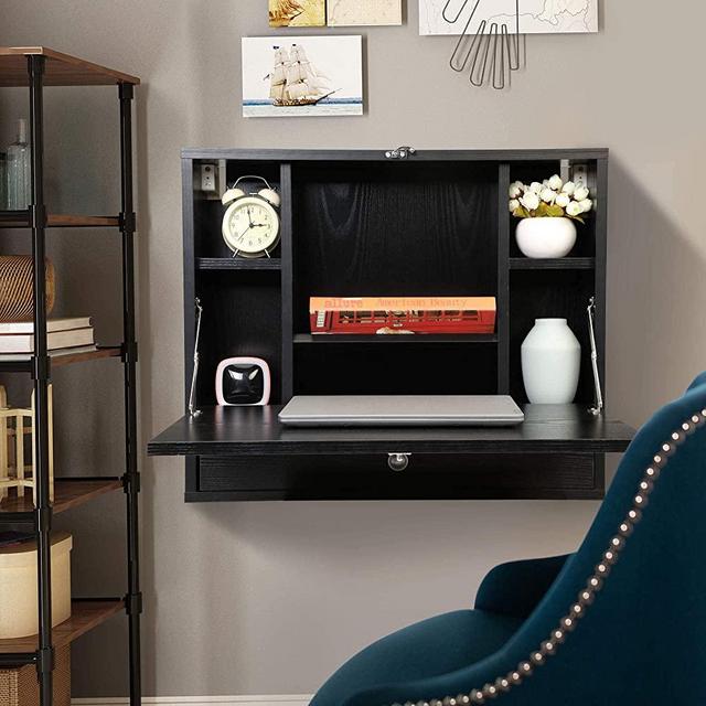 Wall Mounted Laptop Desk, Fold Down Desk,Home Office Wooden Floor Type Floating Computer Desk with Drawer Storage Shelf and Partition,Black