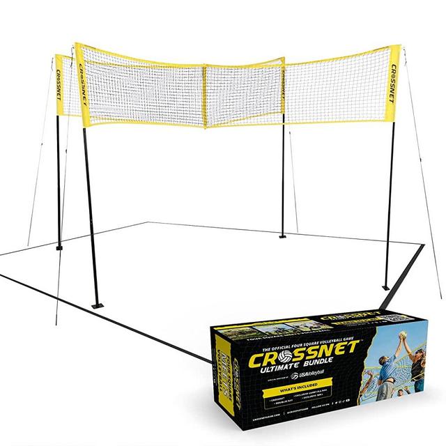 CROSSNET 4-Way Volleyball Net for Adults and Kids - 4 Square Volleyball Net Set - Quick Assemble Outdoor Games - 4 Way Volleyball Game Set for Kids and Adults