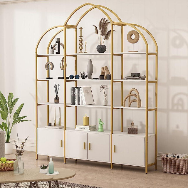 Triple Wide 4-Tier Gold Bookshelf with Doors, 70.87" L x 86.61" H Extra Bookcase with Storage Cabinet, Tall Open Display Shelf, Modern Etagere Bookcase for Office, Black&White