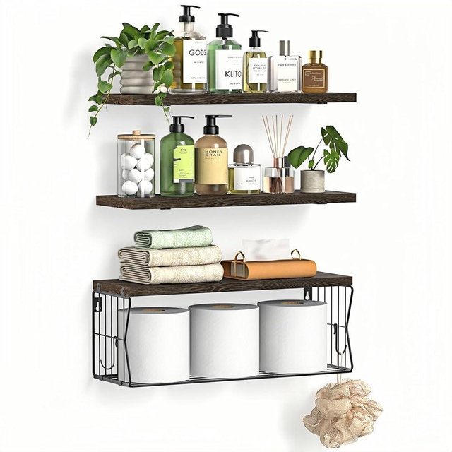 Gailia Floating Bathroom Shelves Wall Mounted - Wooden Shelf Set of 3 for Over Toilet Storage & Farmhouse Bathroom Decor - Perfect Shelving Organizer for Apartments RVs Powder Room Restroom - Rustic