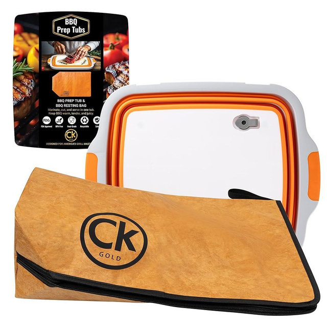 New Extra LARGE Collapsible BBQ Prep Tub with LOCKING LID & Meat Resting Bag - BPA Free Cutting Board with Lid, Leak Free, Strong Drain Hole for Meal Prep, Marinating, Grilling & Food Storage (Orange)