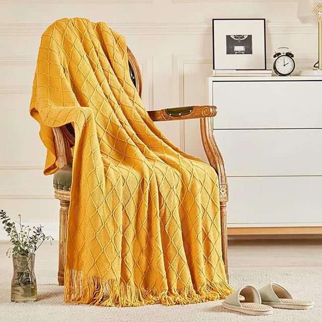 Inhand Knitted Throw Blankets for Couch and Bed, Soft Cozy Knit Blanket with Tassel, Mustard Yellow Lightweight Decorative Blankets and Throws, Farmhouse Warm Woven Blanket for Men and Women, 50"x60"