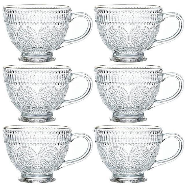Kingrol Glass Coffee Mugs with Handles, 6 Pack 12.5 Ounces Embossed Tea Cups, Vintage Drinking Glassware for Water, Milk, Latte, Cappuccino, Dessert, Beverage