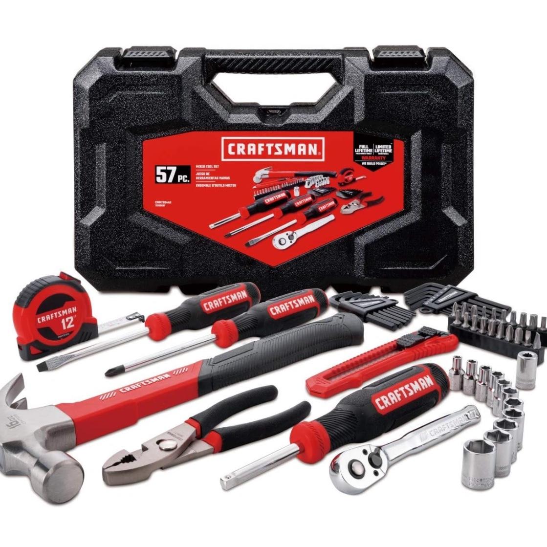 CRAFTSMAN Home Tool Kit / Mechanics Tool Set, 57-Piece, Hammer, Screwdrivers, Drill Bits, Sockets, Ratchet, Hex Keys, Tape Measure, Pliers and More (CMMT99446)