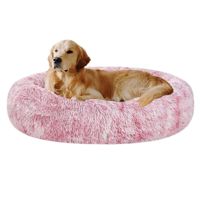 Coohom Oval Calming Donut Cuddler Dog Bed,Shag Faux Fur Cat Bed Washable Round Pillow Pet Bed(30"/36"/43") for Small Medium Dogs (XXL(43"x34"x8"), Red)