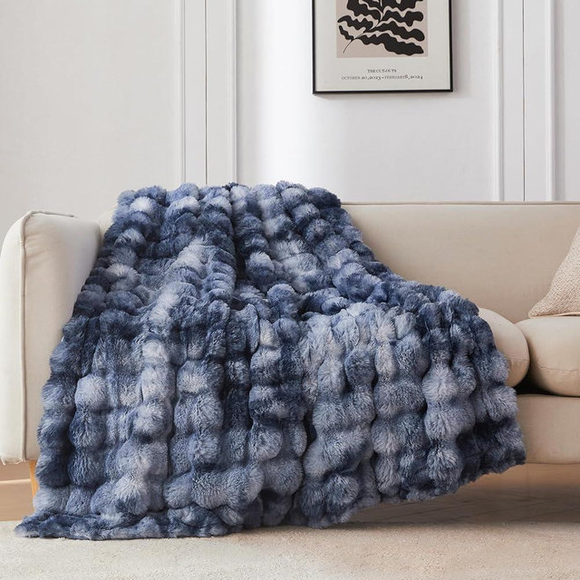 COOVA Faux Fur Throw Blanket for Couch, Cozy Soft and Fuzzy Plush Rabbit Fur Bubble Blanket for Sofa Bedroom Living Room, 50x60 Inches Tie Dye Light Blue