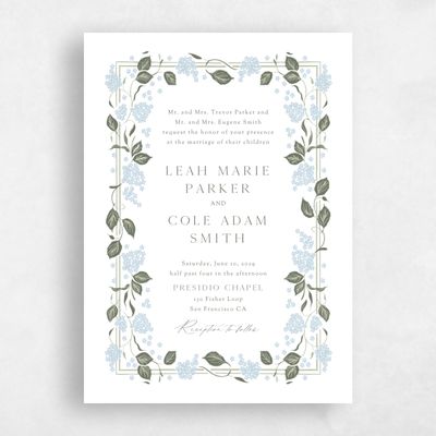 Blue Floral Wedding Invitation - Colette Portrait