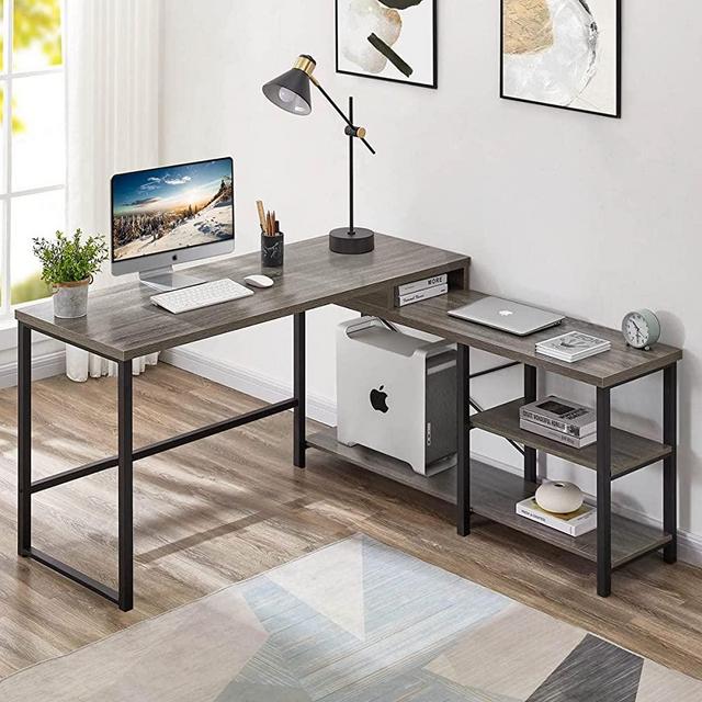 BON AUGURE Industrial L Shaped Computer Desk with Shelves, Rustic Wood Home Office Desks, Reversible Corner Desk with Storage (59 Inch, Dark Grey Oak)