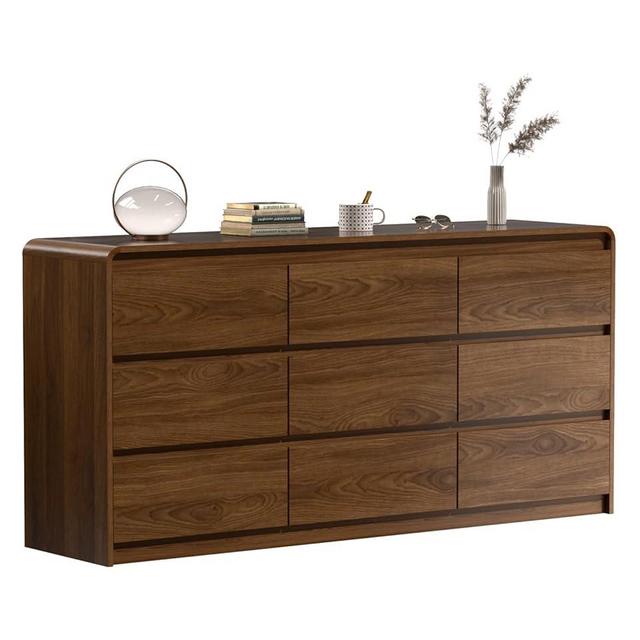 Oransail 9 Drawer Dresser, 63" Wide Walnut Dresser Chest of Drawers, Curved Anti-Collision & Anti-Tipping Design, Mid Century Modern Wooden Dresser for Bedroom, Living Room, TV Stand