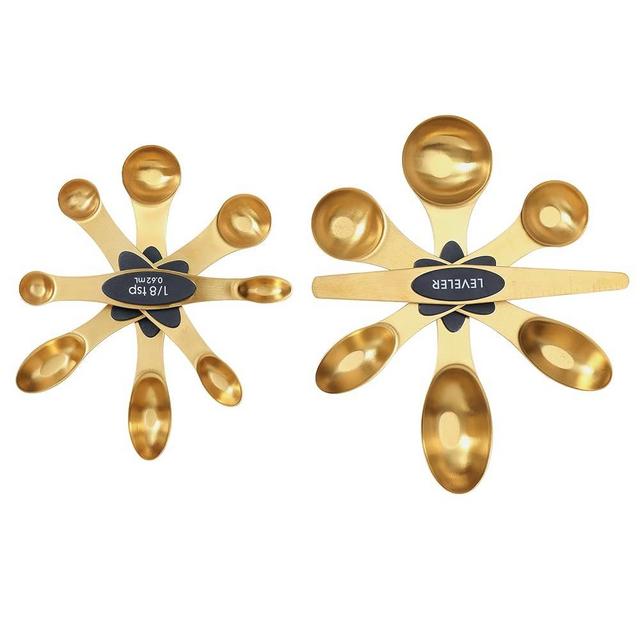 Magnetic Measuring Spoons Set, Stainless Steel, Dual Sided, Stackable, Dual Sided for Measuring Dry and Liquid Ingredients, Fits in Spice Jars, Set of 8（Gold ）