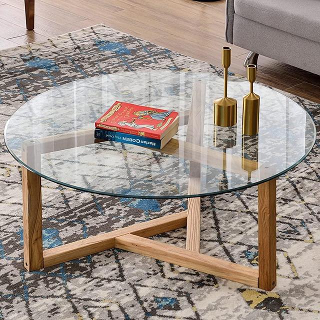 P PURLOVE Glass Coffee Table, Round Coffee Table, Contemporary Design Living Room 35.4" Home Office Cocktail Table, Tempered Glass Top and Sturdy Wood Base, Natural